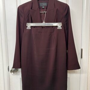 Express Stretch long slim blazer in maroon with skirt size 3/4